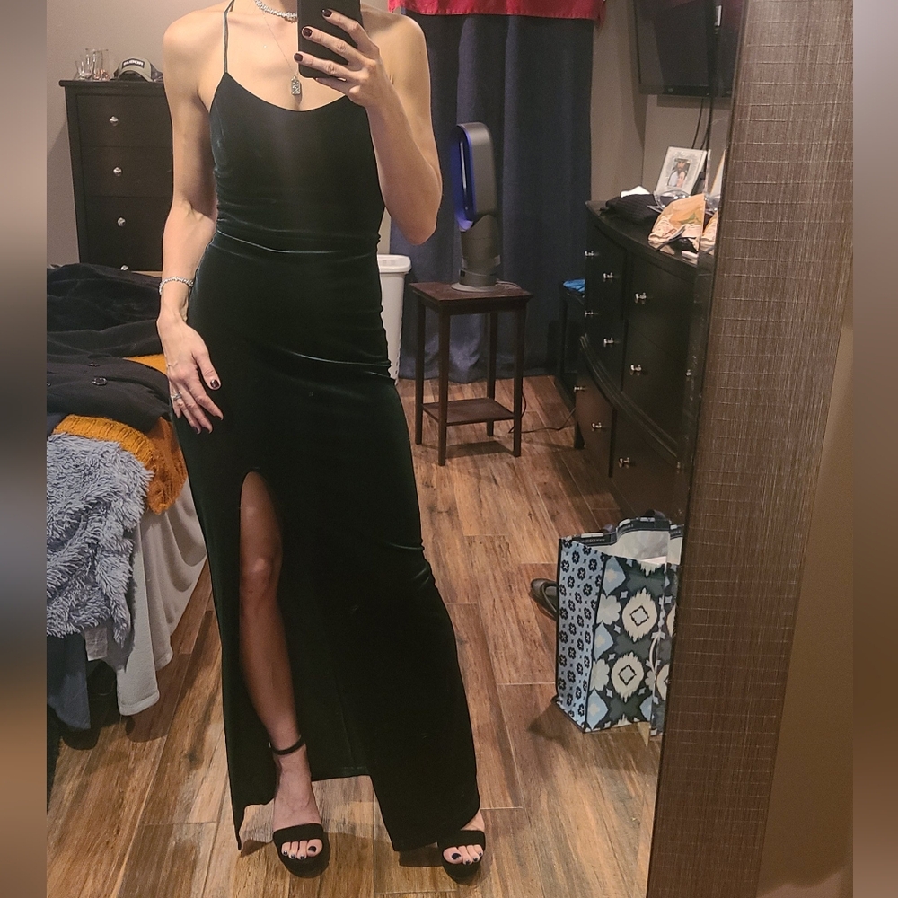 Emerald Green Velvet High Slit Ball Gown